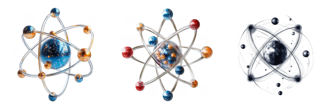 Scientific atom models with colorful electron orbits for physics and chemistry transparent background