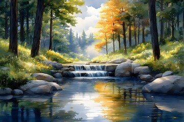 Fototapeta premium Tranquil Forest Landscape with Serene Stream and Autumn Foliage Reflection