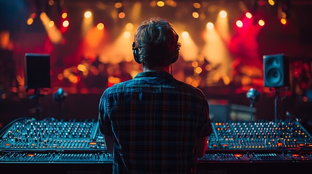 Sound engineer at concert, controlling audio levels on mixing console in vibrant, illuminated venue with audience in the background.