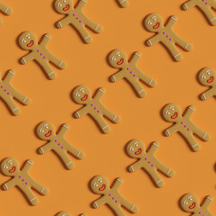 Obraz premium Seamless pattern of gingerbread man on green background. Christmas background. 3d illustration.