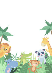 Children s animals background. Cute animals in the jungle on white. Vector illustration in flat style