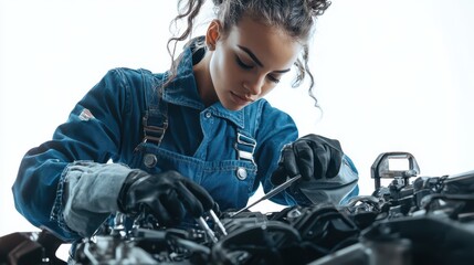Female mechanic in striking blue overalls fixing an engine, tool in hand, isolated white background