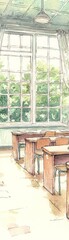 Bright and airy classroom with wooden desks, large windows, and greenery visible outside, creating an inspiring learning environment.