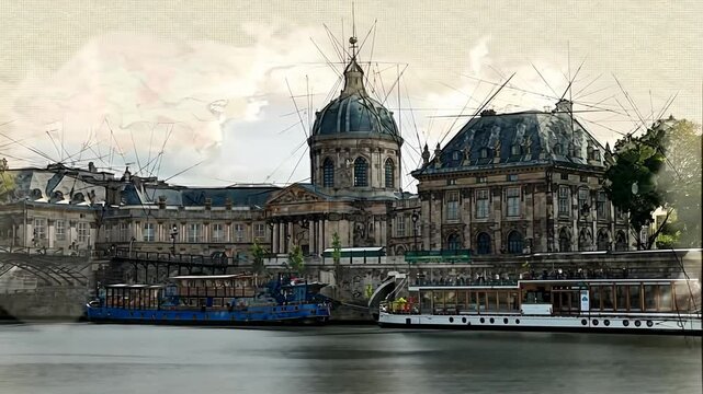 Animation of a vintage sketch of the French institute in Paris from the pont des Arts