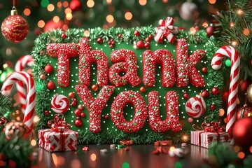 Festive 'Thank you' message made of candies and holiday decorations