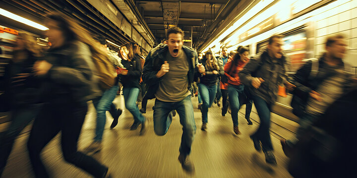 Frenzied Rush: A panicked group of people running through a bustling subway station.