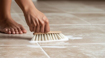 A person cleaning tiled floor with a brush while standing barefoot in a bright indoor space on a sunny day