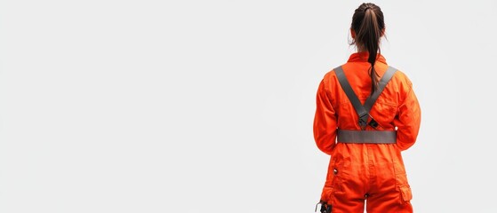 Woman in fluorescent orange safety suit repairing machinery, toolbelt around her waist, plain white background