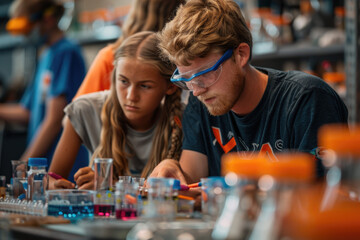 Fototapeta premium Curious Kids in Science Lab Wearing Safety Goggles Experimenting with Colorful Liquids