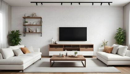 Photo modern style interior room 3d illustration Interior frame living room with colorful white sofa,led with blank frame