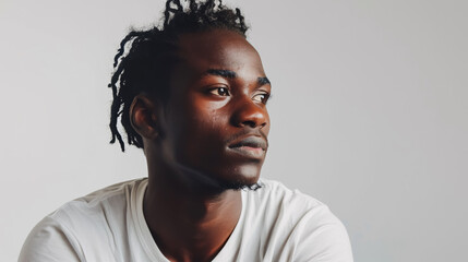 Obraz premium Serious black man in casual attire posing against a white background, looking away.