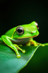Vertical poster with tree frog on palm leaf, rainforest animals, environmental protection