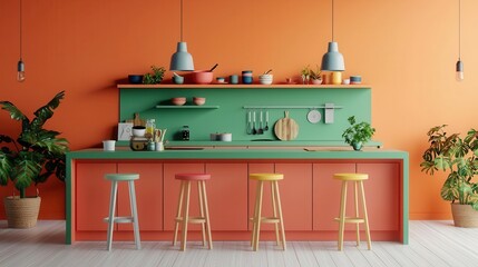 Obraz premium A vibrant kitchen with coral cabinets, bright green chairs, and a colorful patterned floor, surrounded by eclectic decor, 3D rendering, High-energy and playful