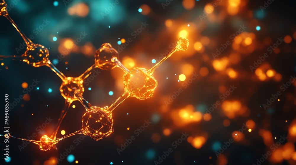 Poster abstract glowing molecule structure with a bokeh background