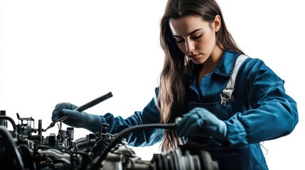 Naklejka premium Female mechanic in striking blue overalls fixing an engine, tool in hand, isolated white background
