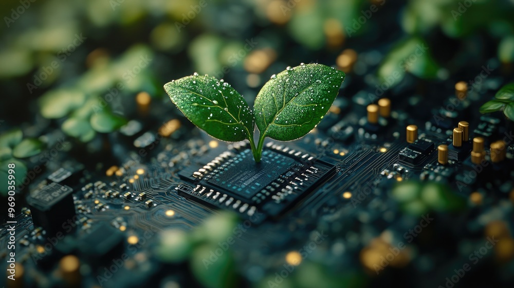 Wall mural creative depiction of a green sprout growing on a computer chip showcasing nature's resilience again