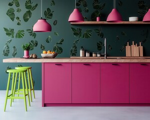 A modern kitchen with bold magenta cabinets, neon green stools, and a vibrant abstract wallpaper, 3D rendering, High-contrast design