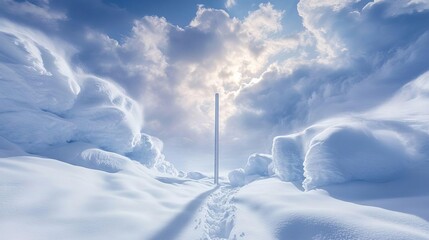Ethereal Winter Wonderland A Snowstorms Embrace with a Faint Pole Amidst Whirling Snowflakes and Gloomy Skies