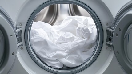 Freshly laundered white sheets spinning in a modern washing machine during a bright afternoon at home