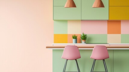 A playful, modern kitchen with lime green cabinets, pastel pink chairs, and a vibrant abstract backsplash, surrounded by eclectic decor, Photorealistic, Fresh and inviting