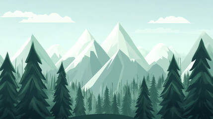 Fototapeta premium Forest distant view, front view, mountains and vast sky, trees, winter landscape