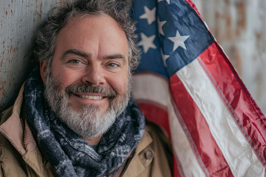 Happy man with US flag waiting to vote during elections and looking at camera.