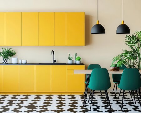 A modern kitchen with bold yellow cabinets, teal chairs, and a vibrant patterned floor, 3D rendering, High-energy and dynamic