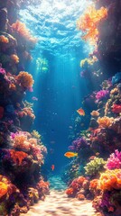 Naklejka premium Vibrant underwater scene with colorful coral reefs and fish, illuminated by sunlight streaming through the clear blue water.