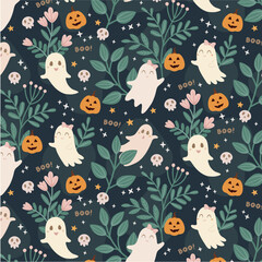 Halloween background, ghost, pumpkin, leaves, skull, scary, spooky, haunted, wallpaper, aesthetical