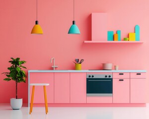 A Scandinavian kitchen with vibrant coral cabinets, pastel furniture, and colorful geometric wall art, Digital Art, Soft and cheerful