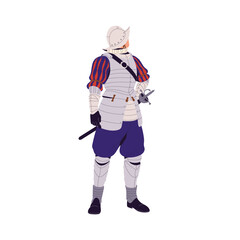 Medieval knight of Portugal in steel armor. Warrior in ancient apparel, metal armour with weapon. Historical soldier in helmet with blade, sword. Flat isolated vector illustration on white background
