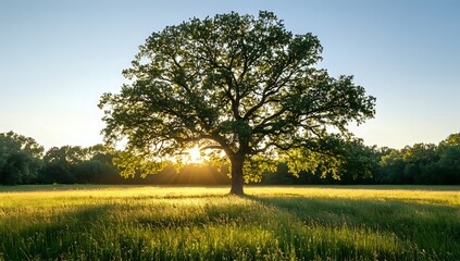 A lone tree stands tall in a field of tall grass, backlit by the golden glow of the setting sun.