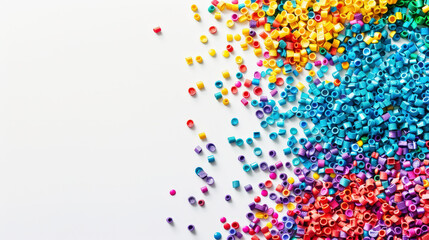 Fototapeta premium Top view of colorful polymer masterbatch granules, light background, industrial plastic template. Generative AI