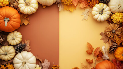 Autumn thanksgiving card with pumpkins, dry flowers and leaves. Split warm brown and gold background. Generative AI