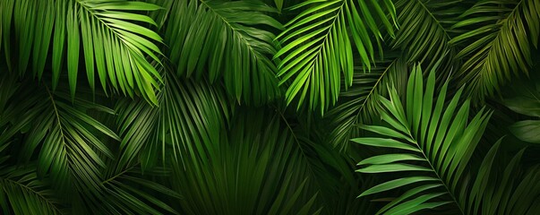 Lush green palm leaves creating a vibrant tropical backdrop.