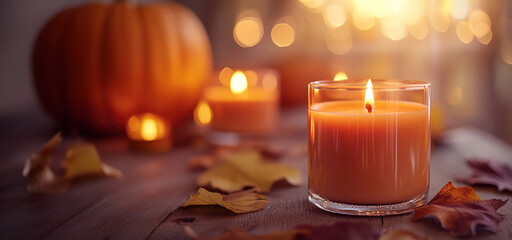 Cozy Fall Vibes with Pumpkin Spice Candles - Close-Up of Warm Tones in Soft Light Creating a Relaxed Atmosphere