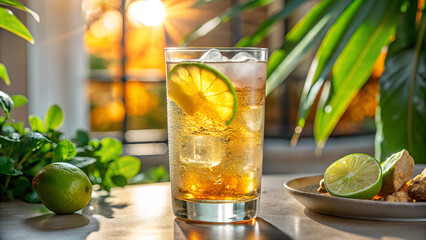 Fototapeta premium Ginger ale in a frosty glass with condensation