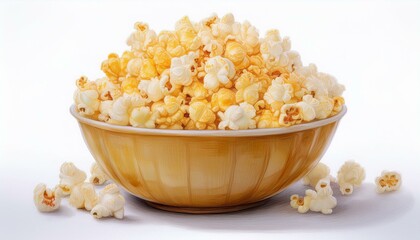 A bowl of delicious movie popcorn isolated on white background. ai generated