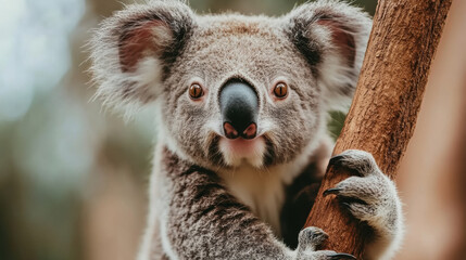 Obraz premium A koala bear is holding onto a tree branch with its paws, AI