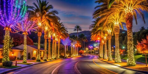 "Twinkling orange, purple, and yellow lights adorn the palm trees along the winding roads of Calabasas' streets, casting a warm glow on Halloween night."
