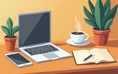 Fototapeta premium morning coffee next to laptop and notebook on wooden table