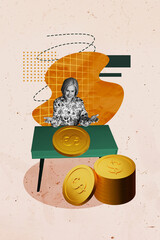 Vertical photo collage of happy old woman sit office table business income golden dollar coin cash isolated on painted background