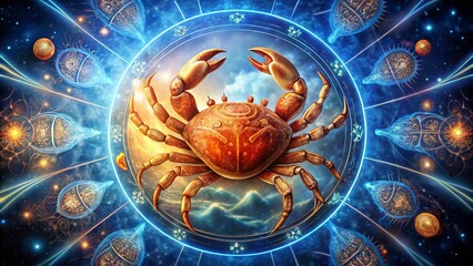 A crustacean's gentle form is cradled by swirling crescents and concentric circles, evoking the nurturing essence of Cancer's astrological influence.