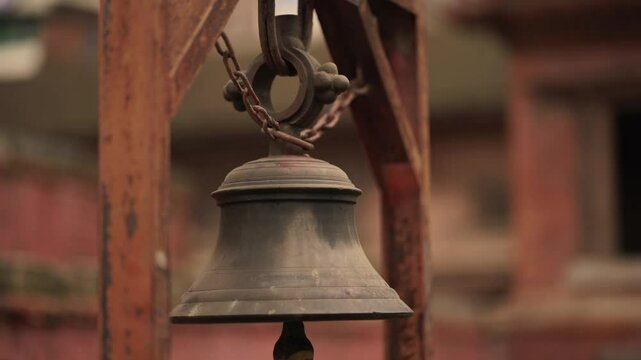 Old hanging bell on the wall of Hindu Temple Kathmandu Nepal, Antique Temple Bell