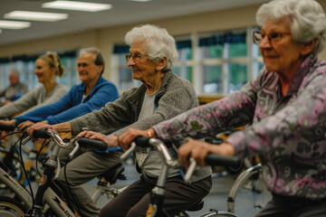 Fototapeta premium Seniors Exercising on Stationary Bikes in Modern Gym