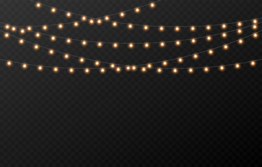 Vector Christmas garland png. Christmas light png. Holiday decoration, garland with golden lights, LED lamp.