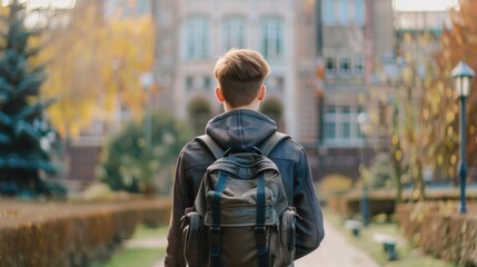 Following a College Student Path to University with Backpack in Tow