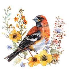 Grosbeak and Floral Hand-drawn Watercolor Illustration