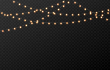 Vector Christmas garland png. Christmas light png. Holiday decoration, garland with golden lights, LED lamp. © Vitaliy