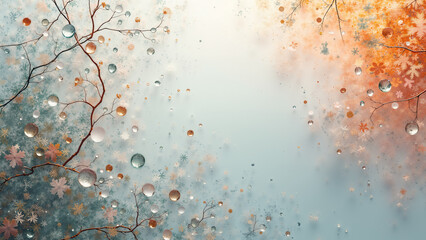 A delicate image featuring bare branches, falling water droplets, and autumn leaves transitioning into snowflakes. The gradient background blends warm  hues with cool tones evoking late autumn concept